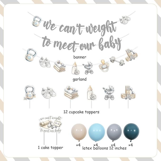 Gym Baby Shower Party Decorations Neutral Baby Shower Supplies | Blue Gray We - Image 6