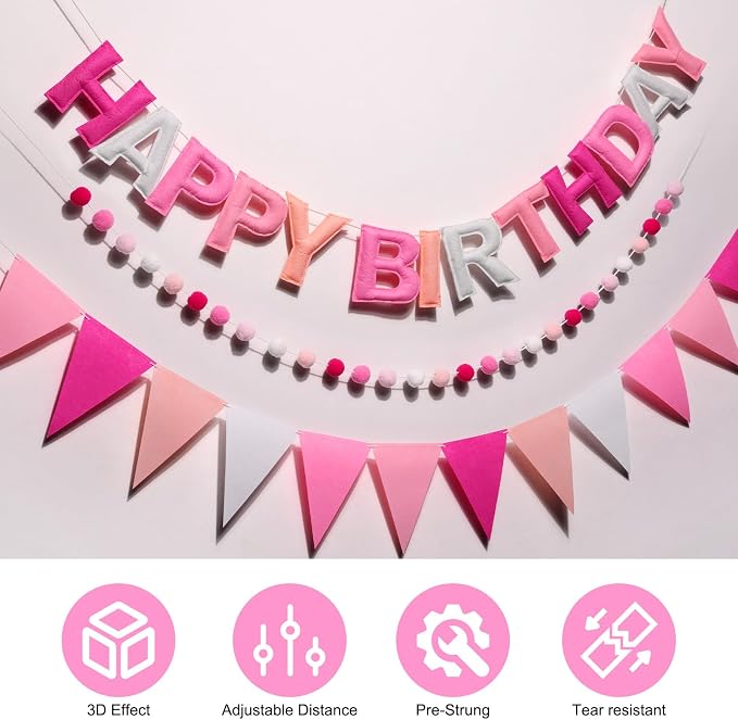 3D Happy Birthday Banner, Pre-Strung Felt Party Decorations | Ready-to-Hang 3D - Image 9