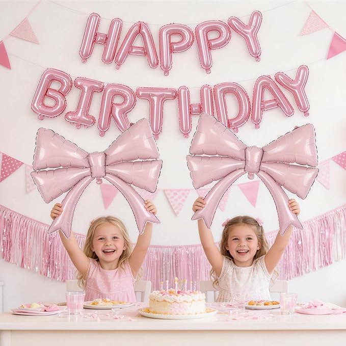 Pink Bow Happy Birthday Balloons Banner, 22 Inch Baby Pink Bow Foil Balloons - Image 7