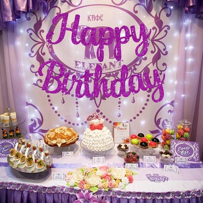 BEISHIDA Glitter Purple Happy Birthday Banner Party Decoration NO DIY, 10Ft | - Image 6