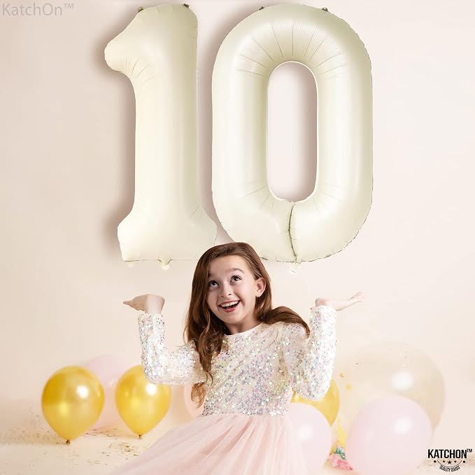 KatchOn Cream 10 Balloon Number 40 Inch, 10th Birthday Decorations | 10th - Image 9