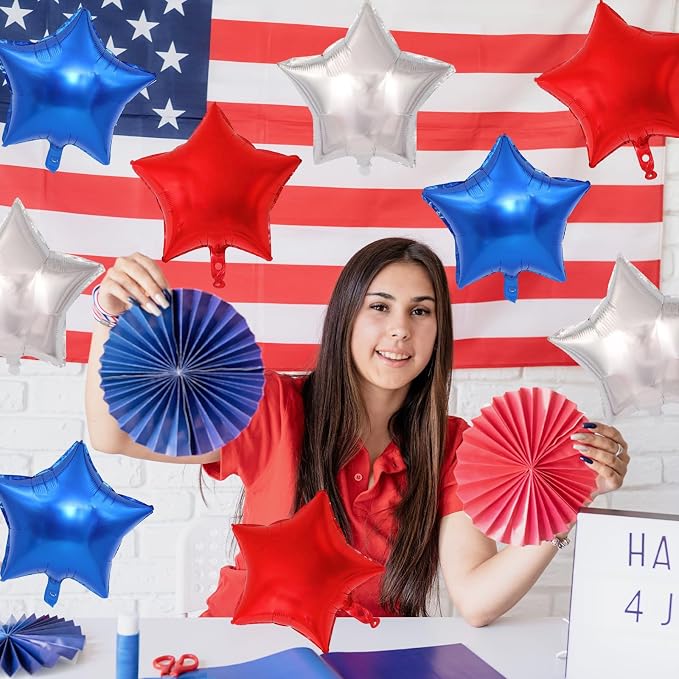 18 Pack 18 Inch Red White Blue Star Balloons, Metallic Foil Star-Shaped Helium - Image 6