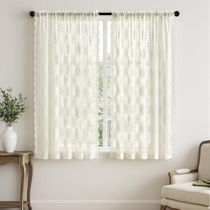 MIULEE Vintage Floral Scalloped Lace Curtains 2 Panels, Ivory 52" W x 63" L | - Image 7