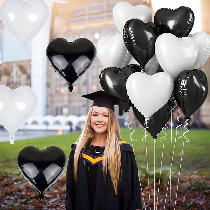 Black White Heart Balloons, 18 Inch Large Matt Black and White Heart Shape Foil - Image 8