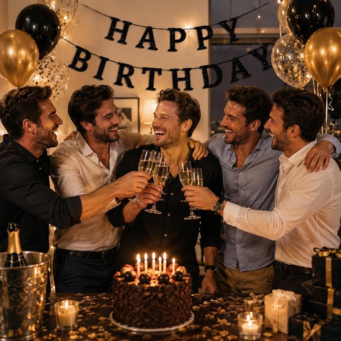 Happy Birthday Banner Black Glitter Birthday Party Banner Pre-Strung | Happy - Image 8