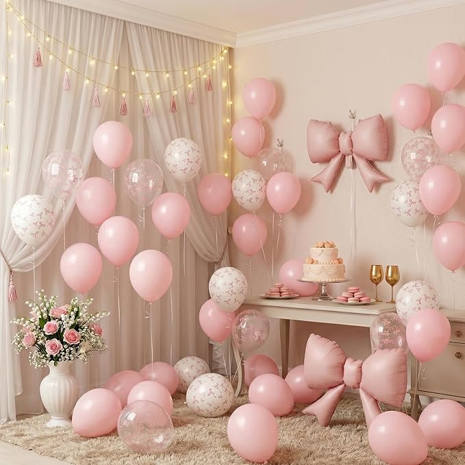 Pink Bow Balloons, 12 Inch Pastel Pink Transparent White Printed Balloons - Image 8