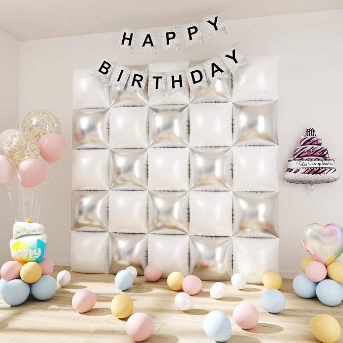 White and Silver Square Foil Balloons Wall Tunnel Backdrop Double Sided - Image 7