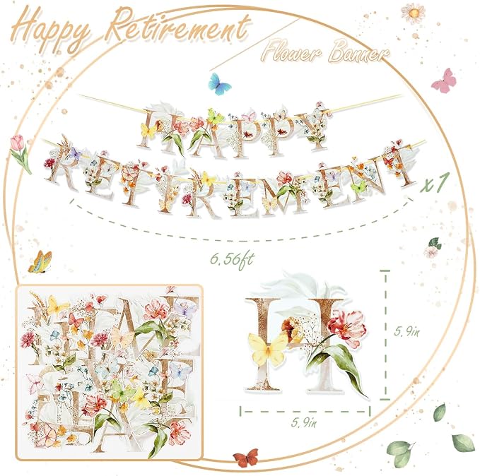 Flower Butterfly Happy Retirement Banner, Colorful Wildflower & Butterflies - Image 5
