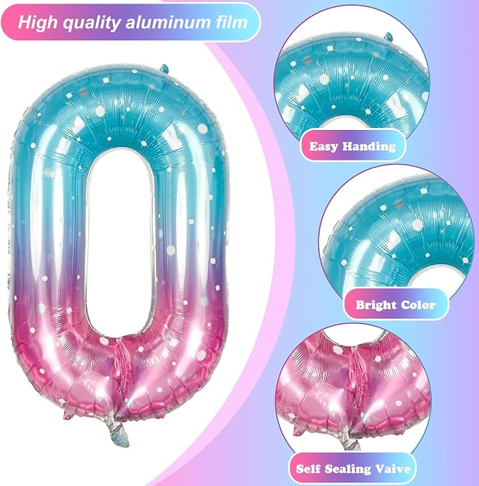 Mermaid Number 0 Balloons 40 Inch, Large Purple Teal Rainbow Number Balloons - Image 9