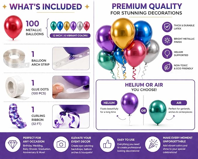 Chrome Metallic Balloons 12 Inch – 100 Pack Assorted Multicolor Latex Balloons - Image 9