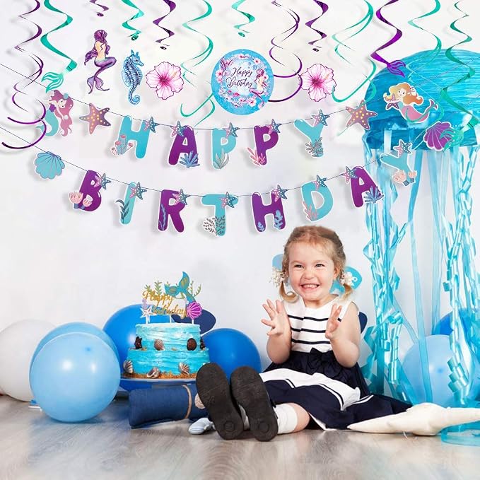 SUNBEAUTY Mermaid Happy Birthday Banner Little Mermaid Theme Birthday - Image 8