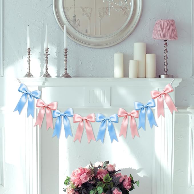 1 String of 8PCS Baby Pink&Baby Blue Bow Garland Banner Decoration, Pre-Strung - Image 7