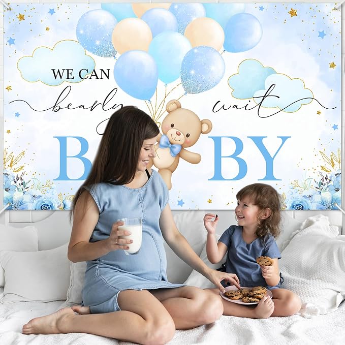 Mocsicka We Can Bearly Wait Backdrop Banner 6x3.6ft | Blue Balloons, Bear Baby - Image 8