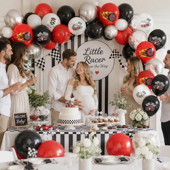 Race Car Balloons, 12 Inch Racing Car Latex Balloon | Red Black White Print - Image 8