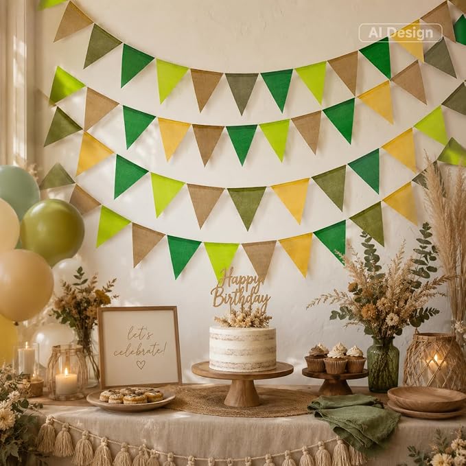 G2PLUS Pre-Strung Burlap Pennant Banner, 65Ft Sage Green and Yellow Triangle - Image 7