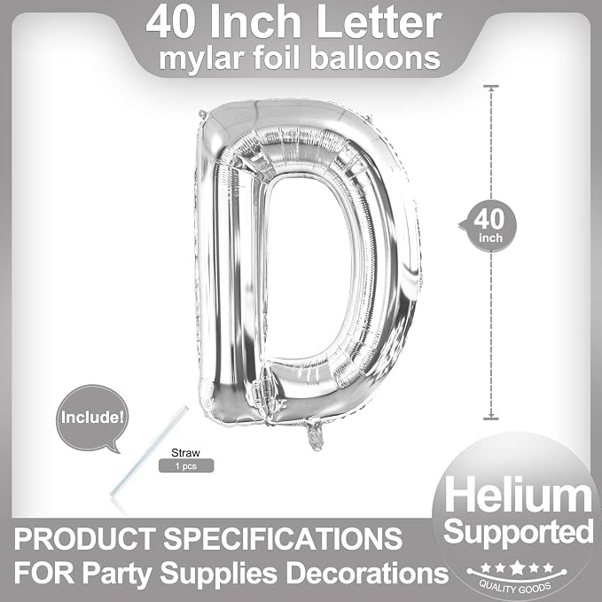 40 Inch Silver Letter D Balloons, DIY Phrase Foil Alphabet Letter D Balloons - Image 2