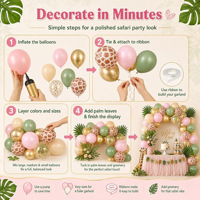 Pink Safari Balloons, 12 Inch Sage Green Pastel Pink Balloons, - Image 8