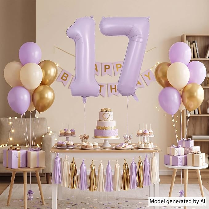 Cream Purple Number 17 Balloon 40 Inch, Foil Digits - Image 7