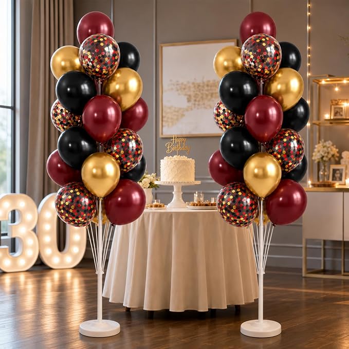 Hiins Balloon Column Kit Set of 2, Burgundy Black Gold Birthday Party Decor | - Image 9