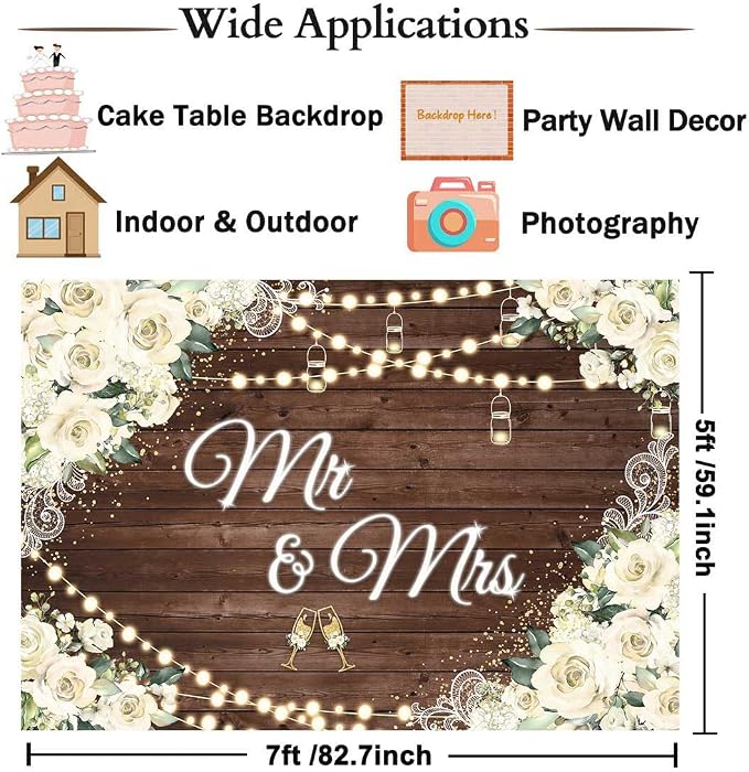7x5ft Floral Mr and Mrs Engagement Decorations Backdrop White Flowers Wooden - Image 7
