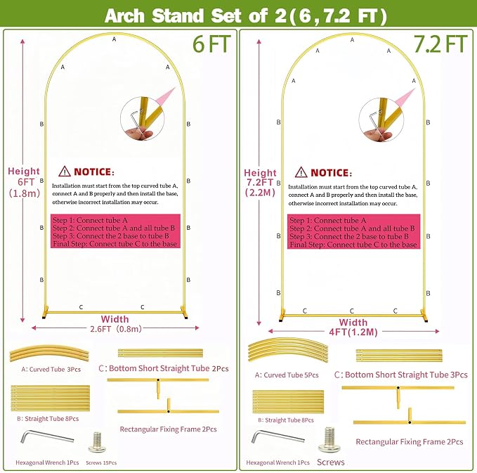 2 Pack Metal Wedding Arch Backdrop Gold Balloon Stand | Gold Arch Backdrop Stand - Image 8