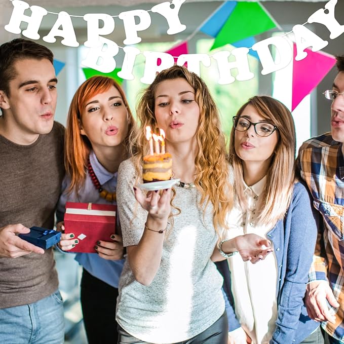 White Happy Birthday Banner Sign Birthday Backdrop Party Supplies - Image 9