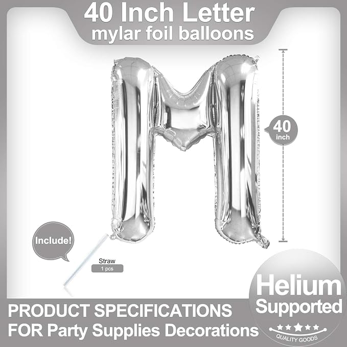 40 Inch Silver Letter M Balloons, DIY Phrase Foil Alphabet Letter M Balloons - Image 2