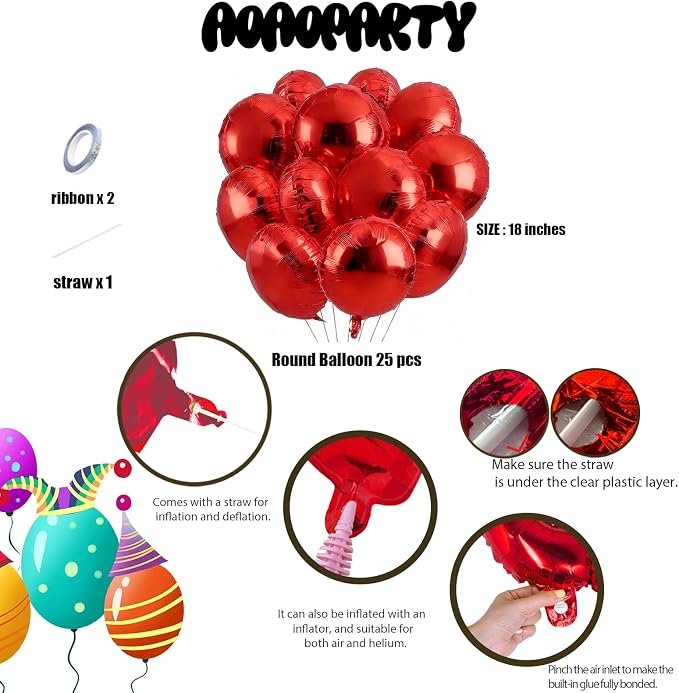 25Pcs Red Round Shaped Foil Balloons 18 Inch Mylar Balloon | Helium - Image 6