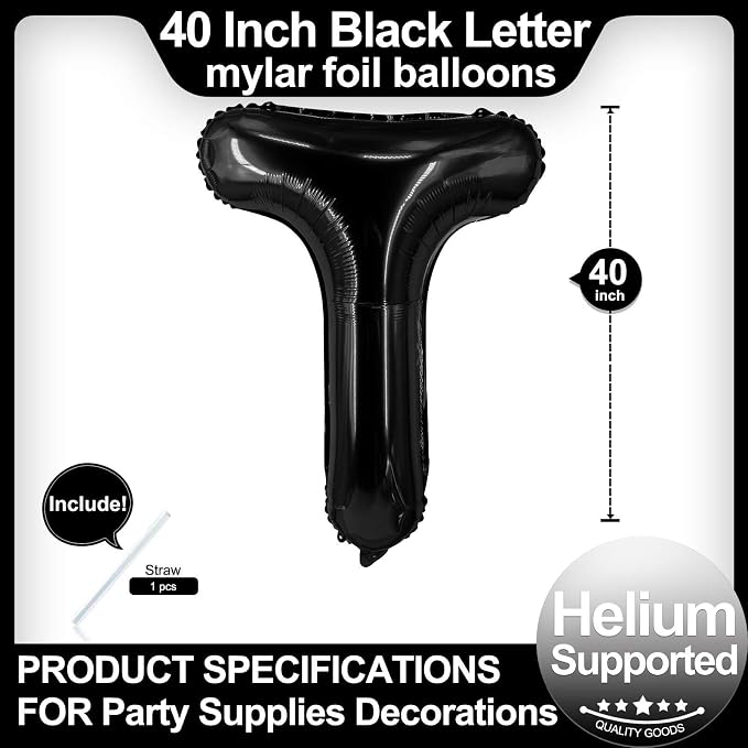 40 Inch Black Letter T Balloons, DIY Phrase Foil Alphabet Letter T Balloons DIY - Image 2