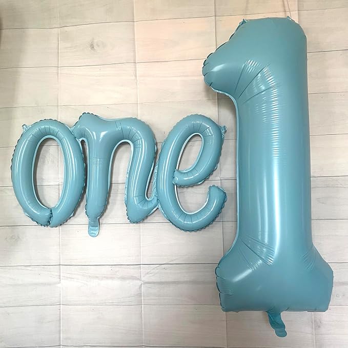 2Pcs Matte Blue Foil 40" Number 1 and 26" Script Letter One Balloon Set | Large - Image 6