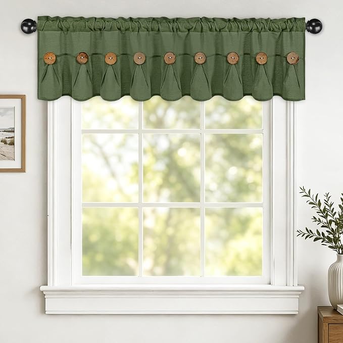 Farmhouse Valance Curtains, Boho Cotton Linen Kitchen Valance, Olive Green - Image 8