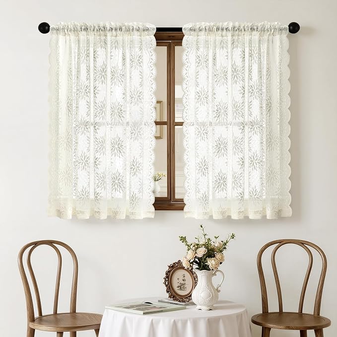 MIULEE Vintage Floral Scalloped Lace Curtains 2 Panels, Ivory 52" W x 54" L | - Image 7