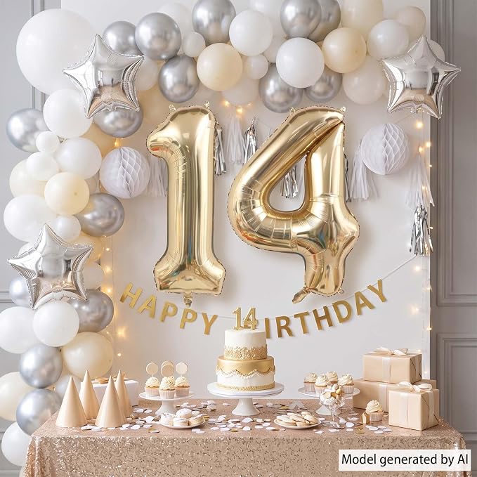 White Gold Number 14 Balloon 40 Inch, Champagne Foil Fourteenth Decoration | - Image 7