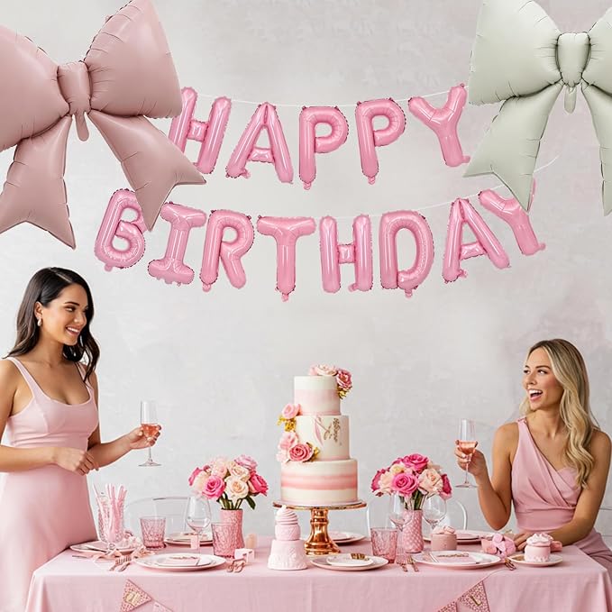 Vuzvuv Pink Happy Birthday Balloons, 38 Inches Huge Bow Aluminum Foil Balloons - Image 6