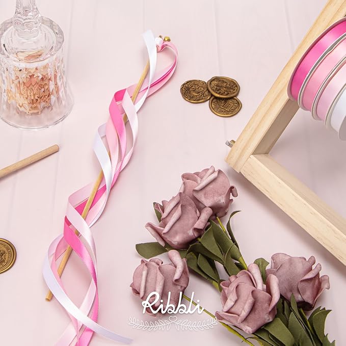 Ribbli Pink Satin Ribbon 3/8 Inch x 4 Rolls Total 40 Yards- White Pink Ribbon - Image 6
