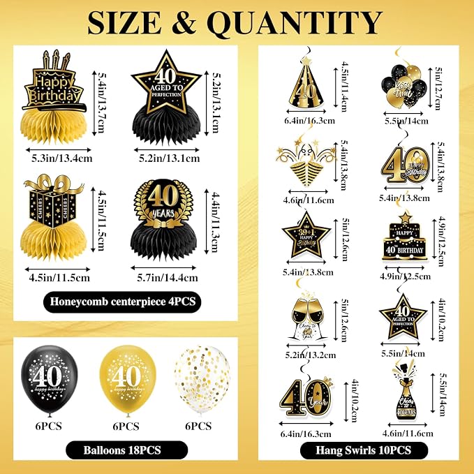40th Birthday Decorations for Men Women | Pre-Strung Black Gold Happy Birthday - Image 7