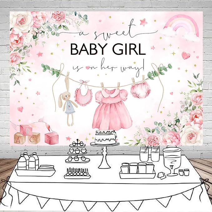 Mocsicka Sweet Baby Girl Baby Shower Backdrop Princess Pink Greenery Party - Image 3