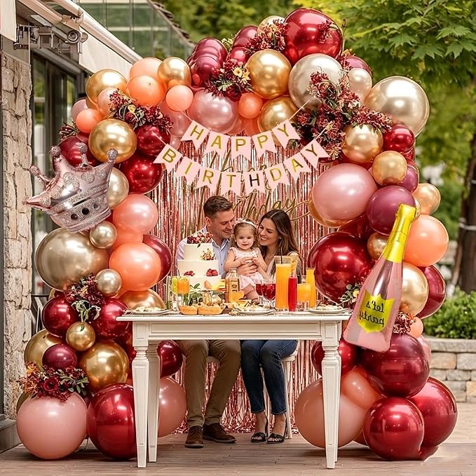 Burgundy Pink Balloon Arch Double Stuffed Dark Red Pink Gold Pearl Balloons - Image 9