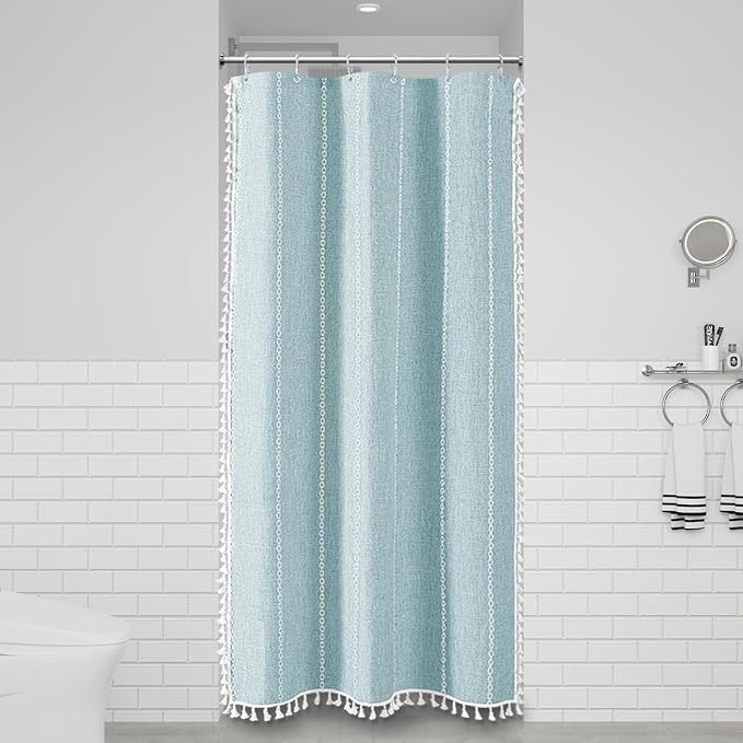 Small Boho Linen Heavy Duty Cloth Shower Curtain Set, Fog Blue | Stall Size - Image 6