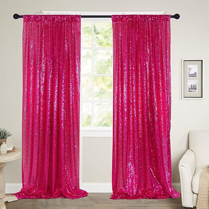 Poise3EHome Hot Pink Sequin Backdrop, 2 Panel 2x8ft Glitter Curtain - Image 8