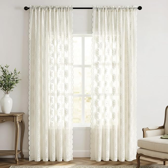 MIULEE Vintage Floral Scalloped Lace Curtains 2 Panels, Ivory 52" W x 72" L | - Image 7
