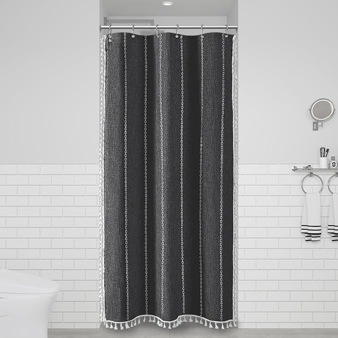 Small Boho Linen Heavy Duty Cloth Shower Curtain, Charcoal Grey | Stall Size - Image 6