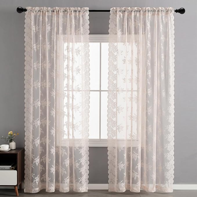 Kotile Blush Pink Floral Lace Curtains - Image 8