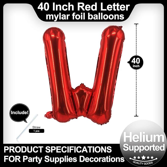40 Inch Red Letter W Balloons, DIY Phrase Foil Alphabet Letter W Balloons DIY - Image 2
