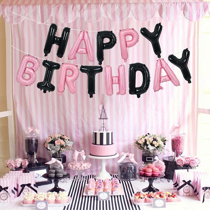 TONIFUL Black and Pink Happy Birthday Balloon Banner Decor - Image 6