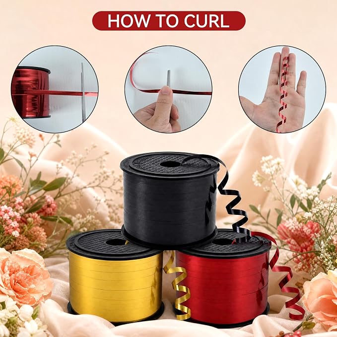 TONIFUL Shiny Black Red Gold Curling Ribbon Balloon String Gift Wrapping | 300 - Image 6