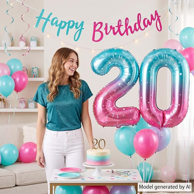 40 Inch Blue Pink Number 20 Balloon, Ombre Foil 20th Birthday Party Decor | - Image 7