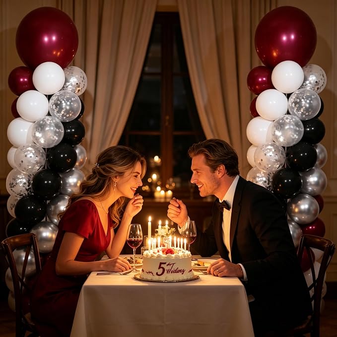 Burgundy Silver Black Balloon Column Stand Kit of 2 | 102Pcs Maroon Balloons - Image 8