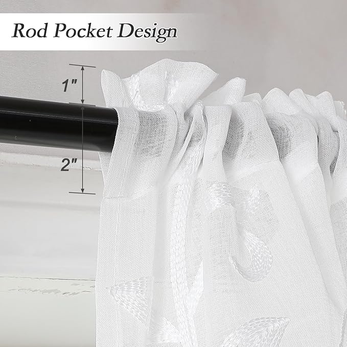 Kitchen Sheer Cafe Curtains Embroidered Leaves White 26Wx36L | Light Filtering - Image 6