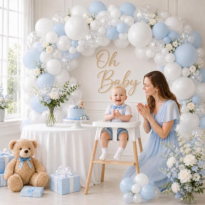 Blue and White Balloons, 12 Inch Blue White Clear Balloon, Pastel Blue Pearl - Image 7